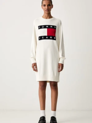 Tommy Jeans sukienka sweterkowa z dodatkiem wełny beżowy