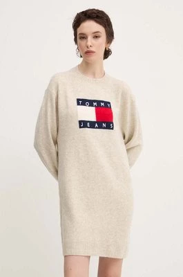 Tommy Jeans sukienka z domieszką wełny kolor beżowy mini oversize DW0DW18719