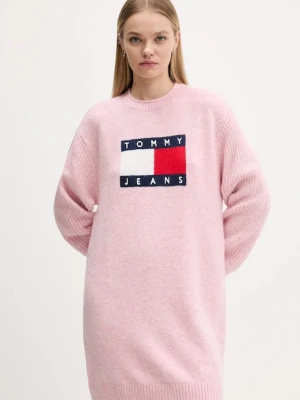 Tommy Jeans sukienka z domieszką wełny kolor różowy mini oversize DW0DW21462