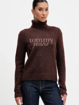 Tommy Jeans sweter z dodatkiem wełny damski kolor brązowy z golfem DW0DW21687