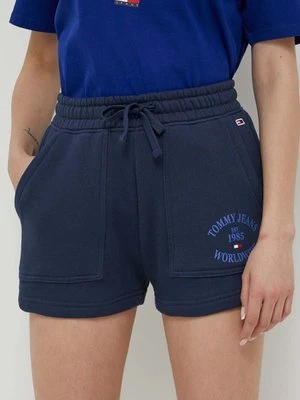 Tommy Jeans szorty bawełniane kolor granatowy z nadrukiem high waist