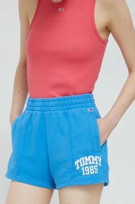 Tommy Jeans szorty bawełniane kolor niebieski gładkie high waist