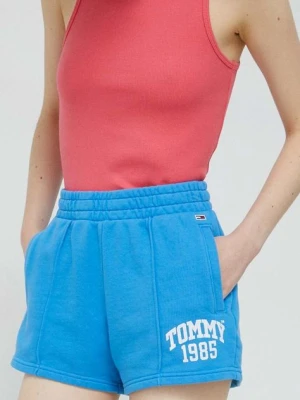 Tommy Jeans szorty bawełniane kolor niebieski gładkie high waist