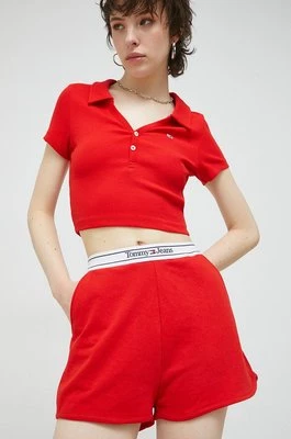 Tommy Jeans szorty damskie kolor czerwony gładkie high waist