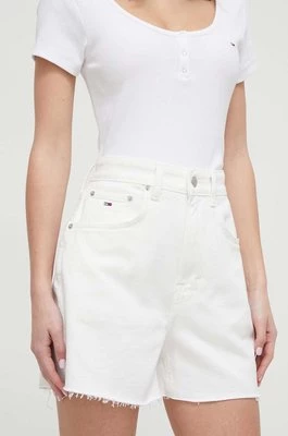 Tommy Jeans szorty jeansowe damskie kolor beżowy gładkie high waist DW0DW17779