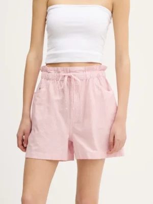 Tommy Jeans szorty z domieszką lnu damskie kolor różowy wzorzyste high waist DW0DW20360