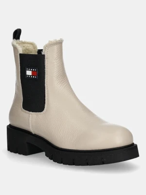 Tommy Jeans sztyblety skórzane TJW CHELSEA BOOT WL damskie kolor beżowy na platformie ocieplone EN0EN02826