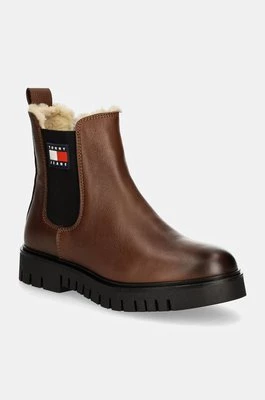 Tommy Jeans sztyblety skórzane TJW CHELSEA BOOT WL damskie kolor brązowy na płaskim obcasie ocieplone EN0EN02626