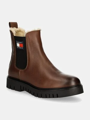 Tommy Jeans sztyblety skórzane TJW CHELSEA BOOT WL damskie kolor brązowy na płaskim obcasie ocieplone EN0EN02626