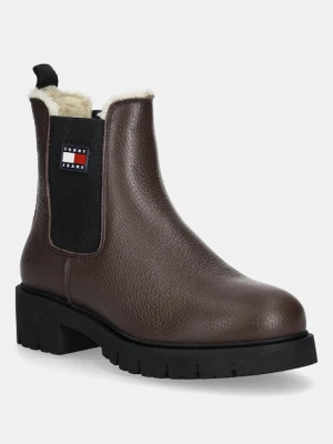 Tommy Jeans sztyblety skórzane TJW CHELSEA BOOT WL damskie kolor brązowy na platformie ocieplone EN0EN02826