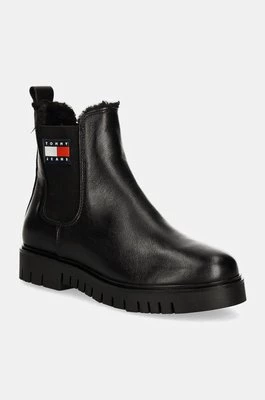 Tommy Jeans sztyblety skórzane TJW CHELSEA BOOT WL damskie kolor czarny na płaskim obcasie ocieplone EN0EN02626