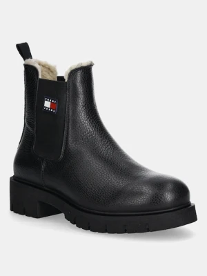Tommy Jeans sztyblety skórzane TJW CHELSEA BOOT WL damskie kolor czarny na platformie ocieplone EN0EN02826