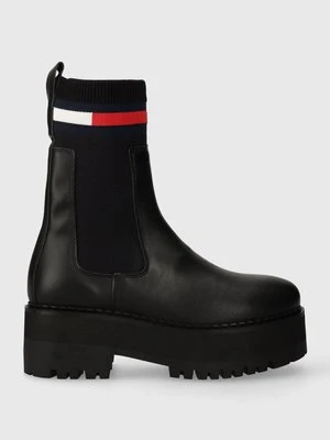 Tommy Jeans sztyblety skórzane TJW FLATFORM CHELSEA SOCK damskie kolor czarny na płaskim obcasie EN0EN02301