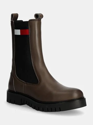 Tommy Jeans sztyblety skórzane TJW LONG CHELSEA BOOT damskie kolor brązowy na platformie EN0EN02625