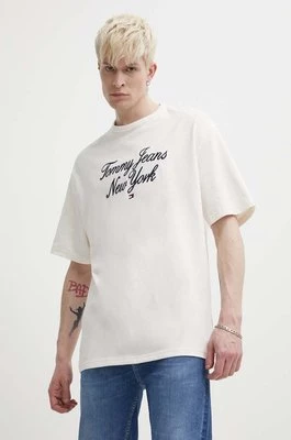 Tommy Jeans t-shirt bawełniany męski kolor beżowy z aplikacją DM0DM18579