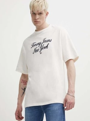 Tommy Jeans t-shirt bawełniany męski kolor beżowy z aplikacją DM0DM18579