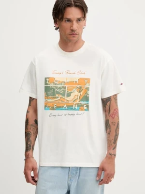 Tommy Jeans t-shirt bawełniany męski kolor beżowy z nadrukiem DM0DM21387