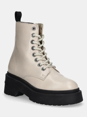 Tommy Jeans workery skórzane TJW CHUNKY SHINY LEATHER BOOT damskie kolor beżowy na platformie EN0EN02848