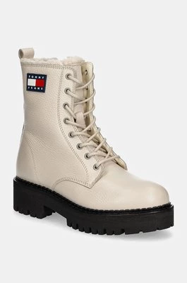 Tommy Jeans workery skórzane TJW URBAN BOOT TUMBLED LTR WL damskie kolor beżowy na płaskim obcasie ocieplone EN0EN02317