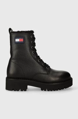 Tommy Jeans workery skórzane TJW URBAN BOOT TUMBLED LTR WL damskie kolor czarny na płaskim obcasie ocieplone EN0EN02317