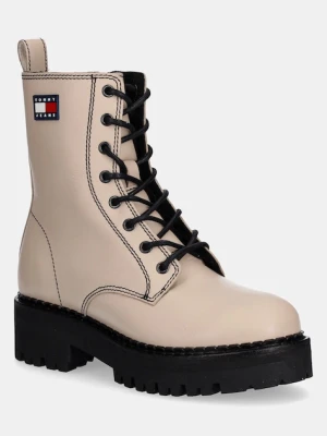 Tommy Jeans workery skórzane TJW URBAN LACE UP BOOT damskie kolor beżowy na płaskim obcasie EN0EN02907