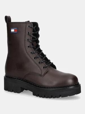 Tommy Jeans workery skórzane TJW URBAN LACE UP BOOT damskie kolor brązowy na płaskim obcasie EN0EN02907