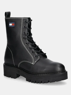Tommy Jeans workery skórzane TJW URBAN LACE UP BOOT damskie kolor czarny na płaskim obcasie EN0EN02907