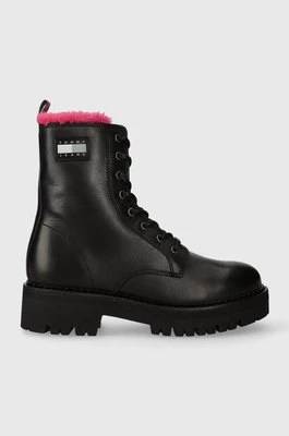 Tommy Jeans workery skórzane TJW W URBAN BOOT SMOOTH LTR WL damskie kolor czarny na płaskim obcasie ocieplone EN0EN02402