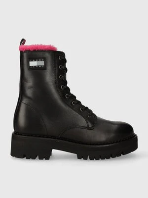 Tommy Jeans workery skórzane TJW W URBAN BOOT SMOOTH LTR WL damskie kolor czarny na płaskim obcasie ocieplone EN0EN02402