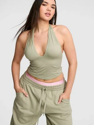 Top halter PINK Base Stretch z głębokim dekoltem Victoria's Secret Zielony