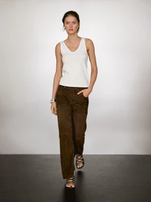 Prążkowany Top Z Dekoltem - Biały Złamany - - Massimo Dutti - Kobieta