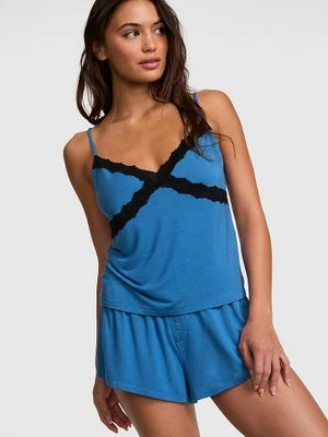 PINK Top na ramiączkach z modalu z koronkowym wykończeniem Victoria's Secret Niebieski
