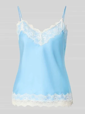 top o kroju regular fit z satyny z obszyciem koronką REVIEW Jasnoniebieski