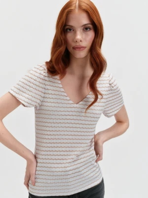 Top w beżowe paski z dekoltem w serek Top Secret