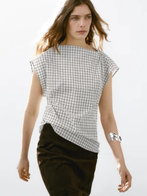 Top W Kratkę Z Drapowanym Dekoltem - Biały - - Massimo Dutti - Kobieta
