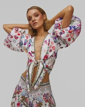 Top Wiązany Lniany Damski Camilla Tie Front Puff Sleeve