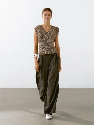 Top Z Bawełnianej Muliny Z Dekoltem W Serek - Brązowy - - Massimo Dutti - Kobieta