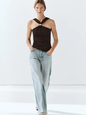 Top Z Dekoltem Halter I Ozdobnymi Ramiączkami - Brązowy - Massimo Dutti - Female