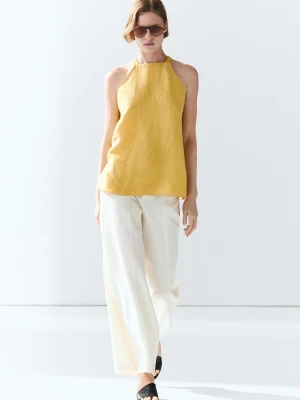 Top Z Dekoltem Halter Z Mieszanki Lnu - Żółty Fluor - Massimo Dutti - Female