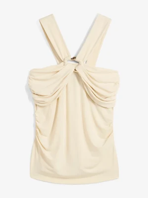 Top z dekoltem typu halter z ozdobną klamrą BonPrix beżowy