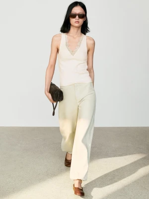 Top Z Dekoltem W Serek I Koronką - Surowy - Massimo Dutti - Female