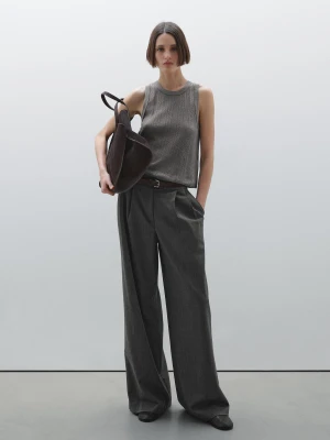 Top Z Dzianiny Pointelle Z Mieszanki Bawełny - Szary - - Massimo Dutti - Kobieta