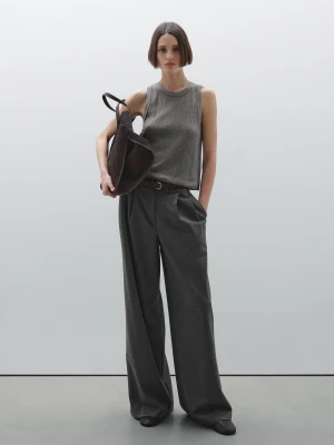 Top Z Dzianiny Pointelle Z Mieszanki Bawełny - Szary - - Massimo Dutti - Kobieta