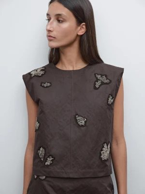 Top Z Mieszanki Bawełny Z Cyrkoniami - Ciemnoszary - - Massimo Dutti - Kobieta