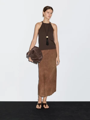 Top Z Mieszanki Bawełny Z Dekoltem Halter - Brązowy - - Massimo Dutti - Kobieta