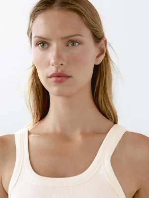 Top Z Mieszanki Bawełny Z Okrągłym Dekoltem - Beżowy - - Massimo Dutti - Kobieta