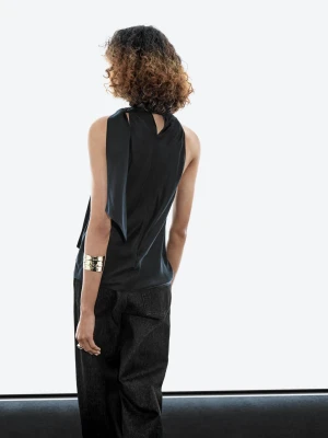 Top Z Mieszanki Jedwabiu Z Drapowanym Dekoltem I Wiązaniem - Czarny - - Massimo Dutti - Kobieta