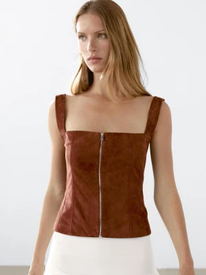 Top Z Zamszowej Skóry Z Suwakiem - Ceglany - - Massimo Dutti - Kobieta