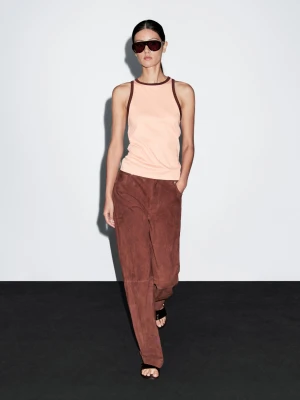 Top Ze 100% Bawełny Z Dekoltem Halter I Kontrastowym Elementem - Blady Róż - - Massimo Dutti - Kobieta