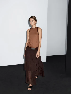 Top Ze 100% Bawełny Z Dekoltem Halter I Kontrastowym Elementem - Mokka - - Massimo Dutti - Female